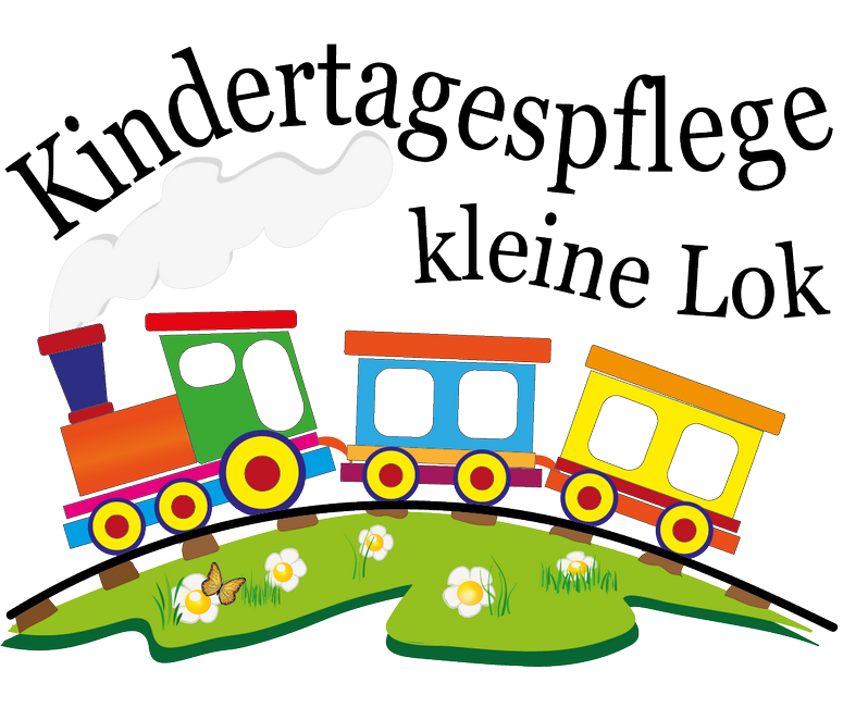 Logo der Kindertagespflege kleine Lok in Bonn-Beuel, Bild im Comicstil, eine bunte Lokomotive mit zwei Waggons über eine Wiese fahrend, mit Schriftzug "Kindertagespflege kleine Lok"